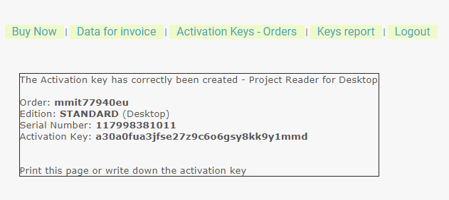 project reader activation key