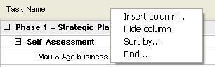 Microsoft Project Viewer. Column context menu. You can select the option Insert column, Hide column, Sort by and Find